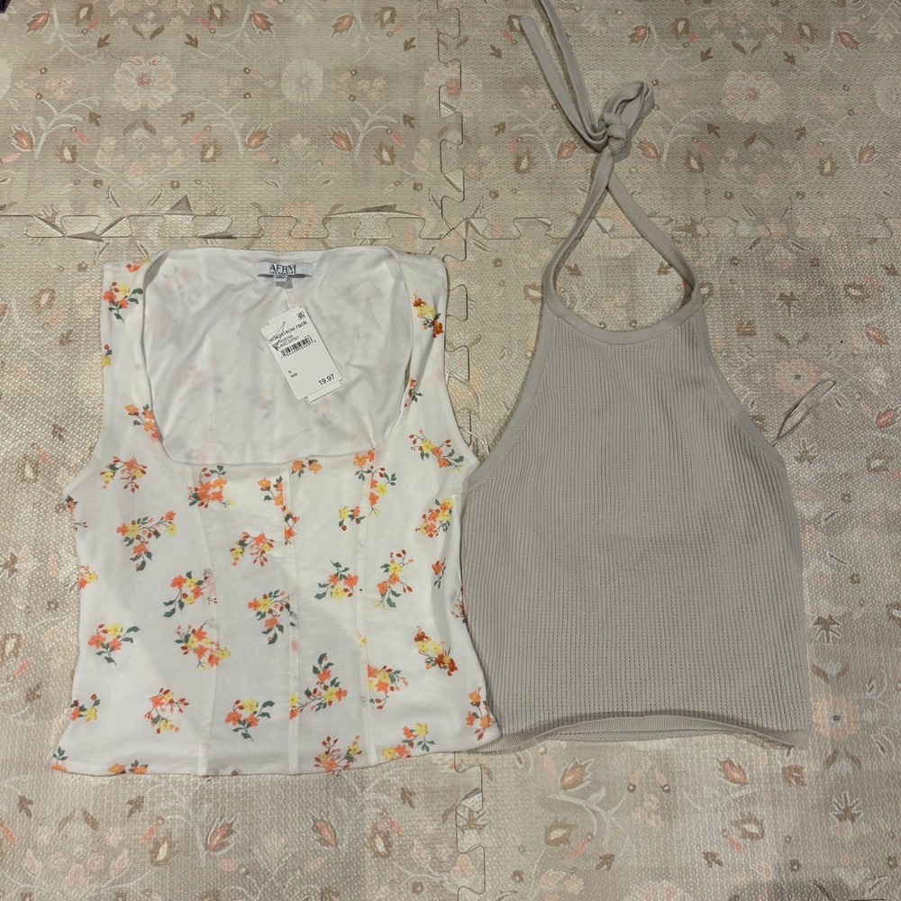 LA Hearts White Floral Square-Neck Tank & Taupe Ribbed Halter Crop